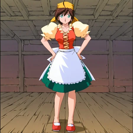 Masterpiece, best quality, 1girl, Mei delgado, brown hair, ahoge, apron, puff sleeves, cyan eyed, breasts, bandana