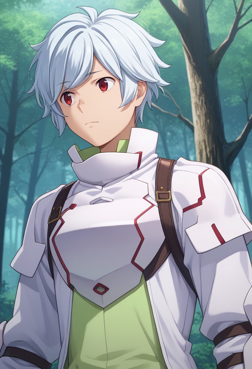score_9, score_7_up, source_anime 
belcranel, 1boy, male focus, solo, white hair, red eyes, jacket, white jacket, high collar, long sleeves, open jacket, open clothes, shirt, green shirt, upper body, breastplate, armor, arm armor,
outdoor, forest, trees, shadows,