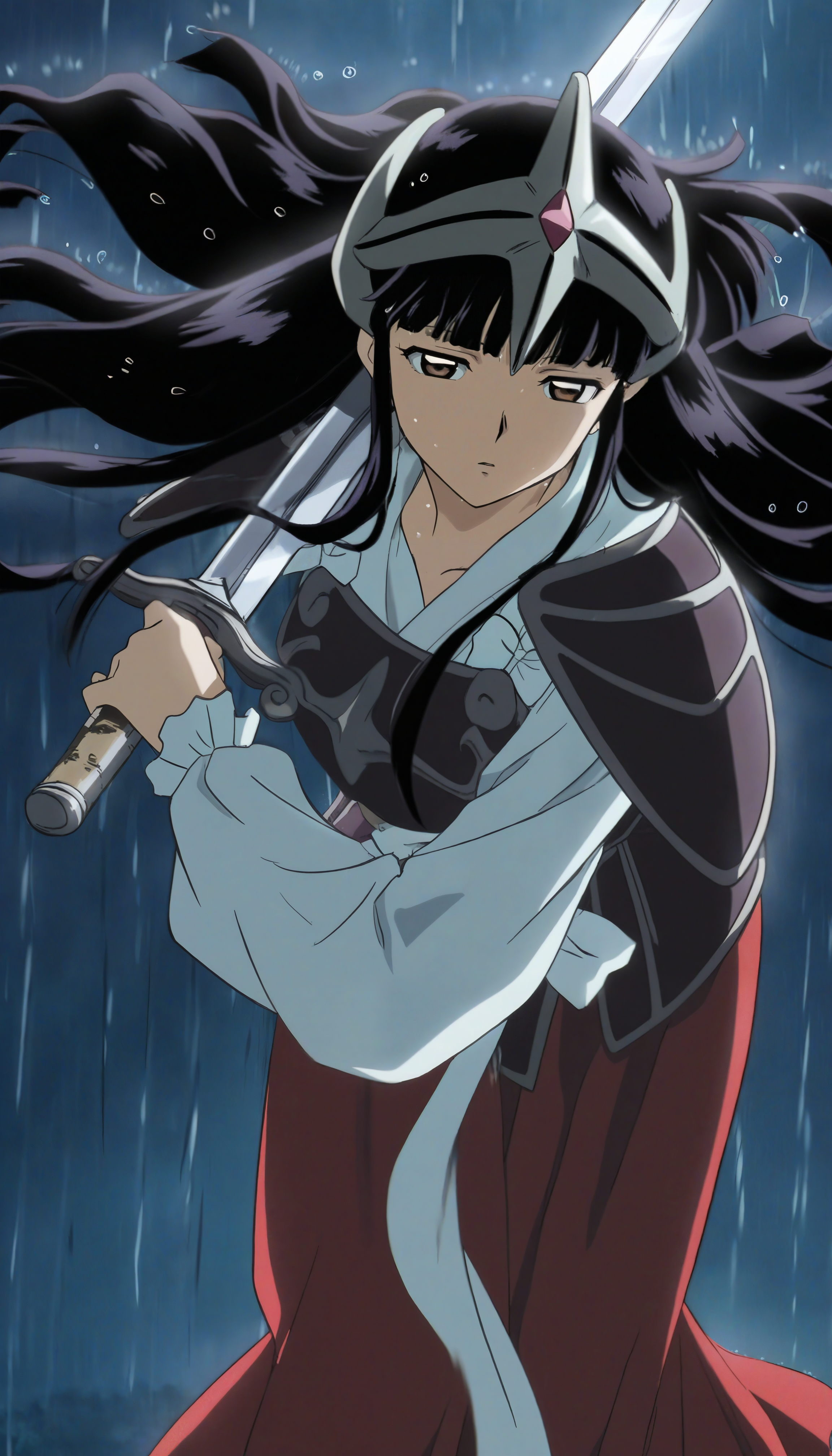 masterpiece,best quality,amazing quality,
<lora:kikyoNAI:1>,k1ky0,
1girl,solo,black hair,bangs,long hair,brown eyes,headpiece,white robe,cuff,shoulder armor,breastplate,white waist ribbon,red long skirt,(emotionless:1.2),cowboy shot,leaning forward,looking at viewer,parted lips,face focus,(holding sword:1.2),flowing hair,fighting stance,outdoors,night,(rain:1.1),(soft lighting:1.2),depth of field,