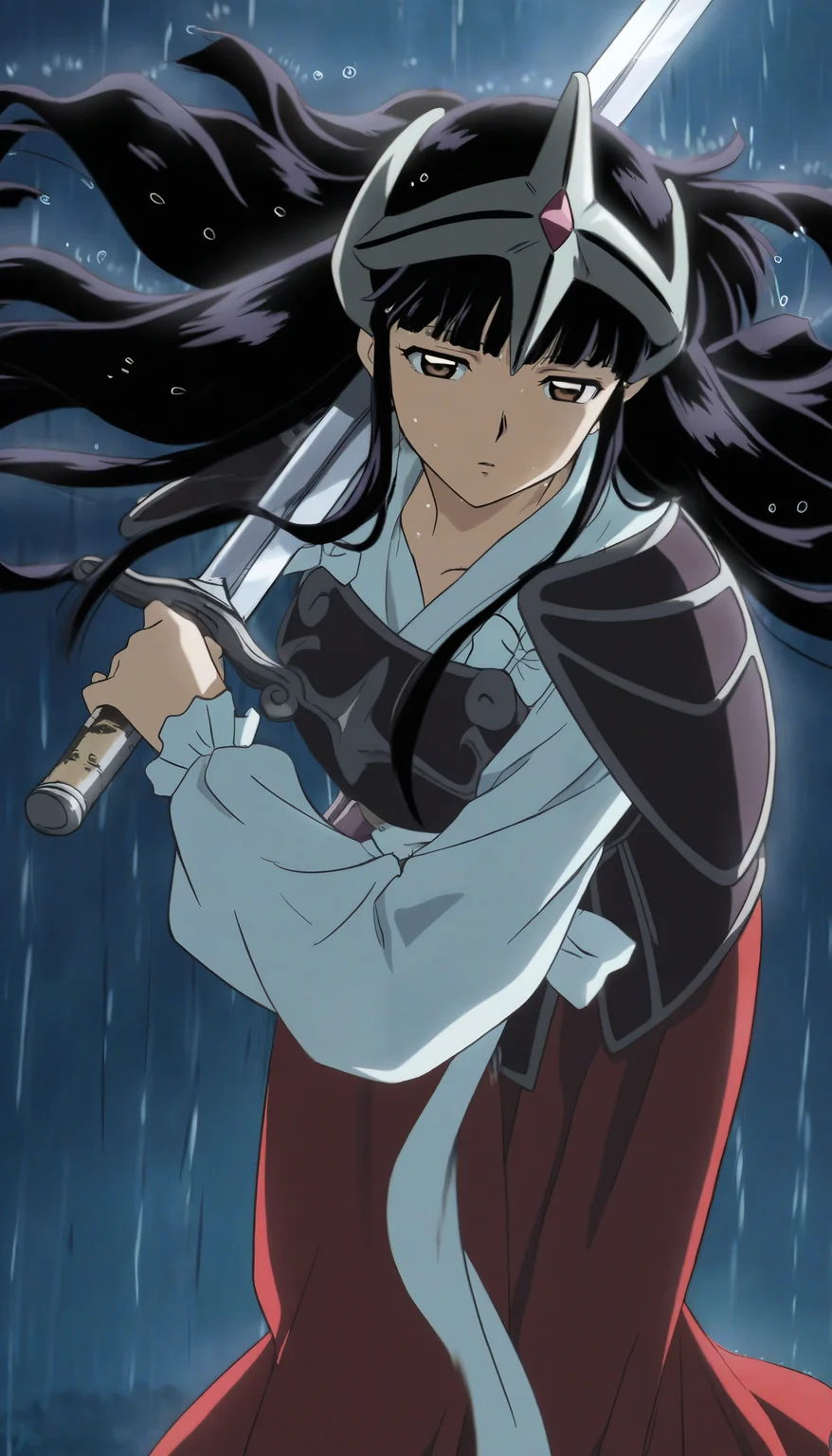 masterpiece,best quality,amazing quality,
<lora:kikyoNAI:1>,k1ky0,
1girl,solo,black hair,bangs,long hair,brown eyes,headpiece,white robe,cuff,shoulder armor,breastplate,white waist ribbon,red long skirt,(emotionless:1.2),cowboy shot,leaning forward,looking at viewer,parted lips,face focus,(holding sword:1.2),flowing hair,fighting stance,outdoors,night,(rain:1.1),(soft lighting:1.2),depth of field,