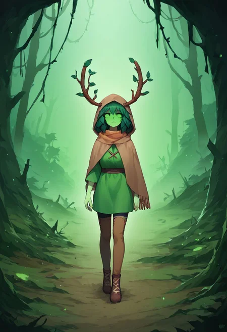 score_9, score_8_up, score_7_up, score_6_up, score_5_up, score_4_up, masterpiece, fog, 1girl, (stands Far away), forest, darkness, hwgreenoutfit, green shirt, brown hood, brown scarf, colored skin, green skin, empty eyes, green sclera, pupils missing, green hair, leaf, antlers, mask, tree roots, cave, stone, wild, vine wreath,