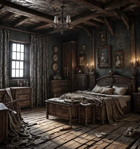 RAW photo, (masterpiece:1.3), subsurface scattering, heavy shadow, (high quality:1.4), (intricate, high detail:1.2), professional photography, HDR, High Dynamic Range, realistic, ultra realistic, photorealistic, high resolution, film photography, ambient lighting, atmospheric effects, <lora:detail_slider_v4:2>, OverallDetail, <lora:HauntedHouse:1>, bed, book, bookshelf, box, candlestand, cup, curtains, dark, door, hauntedhouse, indoors, no humans, scenery, silk, table, window, wooden floor