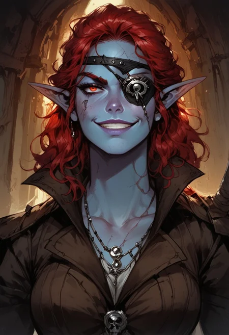 score_9, score_8_up, score_7_up, BREAK, 1woman portrait,  beautiful, dramatic lights ((Elf, rogue, thief, pirate, eyepatch, blue skin, red hair, gree eyes, scars, scars on face, multiple scars, capitan hat, grin, smug, longe loose hair, sea background))
<lora:Fant5yP0ny:0.6> <lora:fantasy_world_pony:0.9>
<lora:Cherry-Gig:0.55>