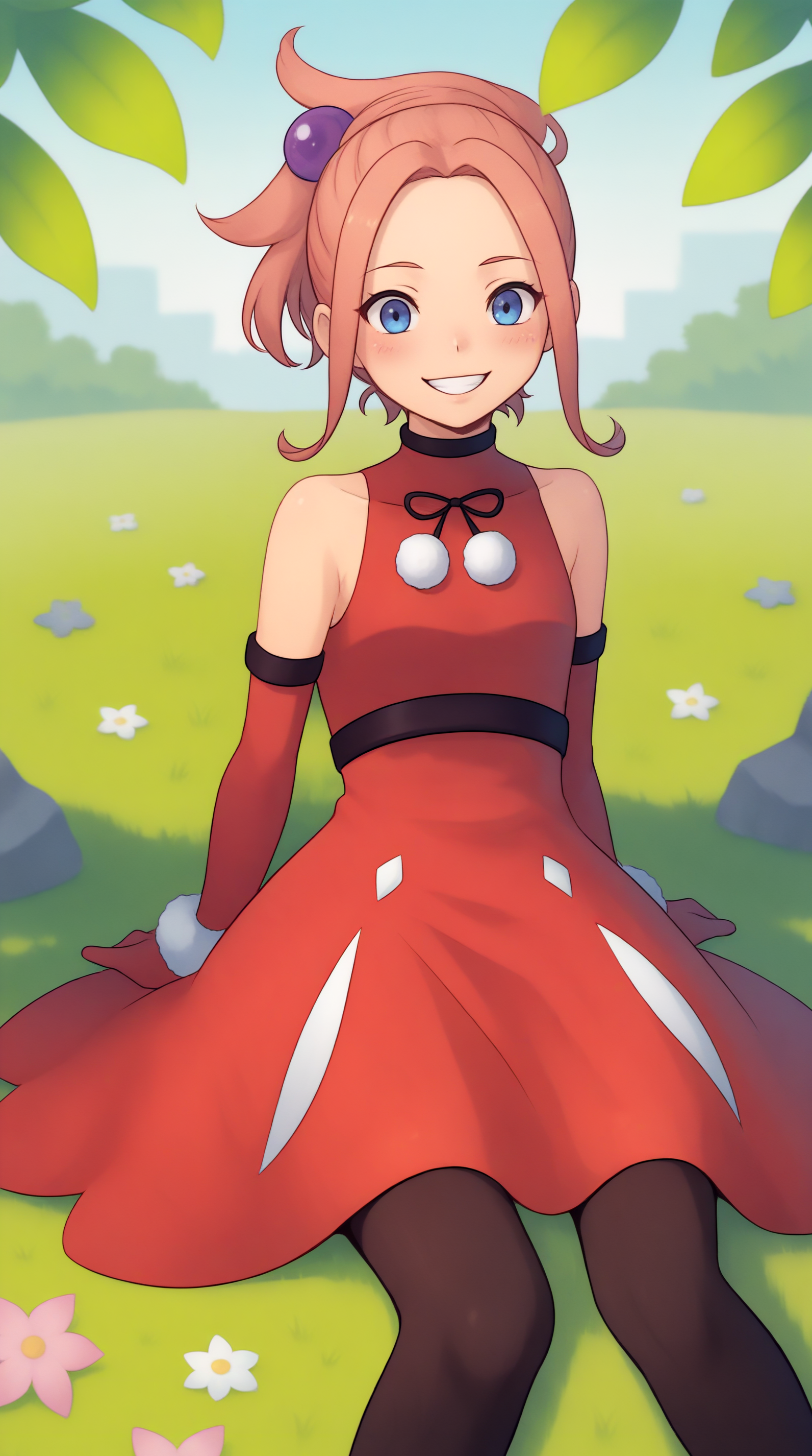 score_9, score_8_up, score_7_up, best background, detailed background, 4k, upscale, anime_source,  Adelle Nevanlinna, Main Outfit, solo, smile, sitting, outdoors, grass, grin, blush,  <lora:JN_Adelle_Nevanlinna_Pony:0.8>