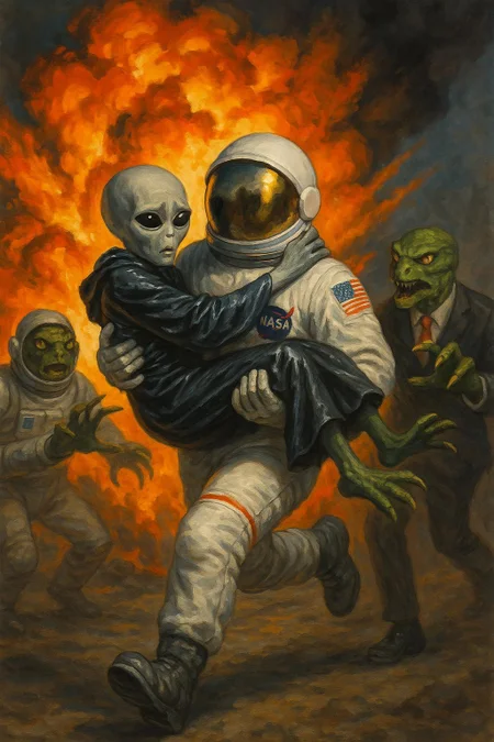 The painting features an astronaut in a white NASA space suit with a shining mirrored helmet. The astronaut is holding a gray alien in a bridal carry position. The grey aliens is iconic extraterrestrial being characterized by short, slender bodies, large bald heads, gray skin, and black eyes. The grey aliens hands are wrapped around the astronauts neck. The grey alien is looking concerned. The grey alien is dressed in a black robe made of shiny plastic material. Both characters are running away from a massive explosion in the background. To the side, reptilian aliens are reaching out their claws toward the astronaut and the gray alien. One reptilian alien is wearing a space suit, while another is dressed in a business suit.
