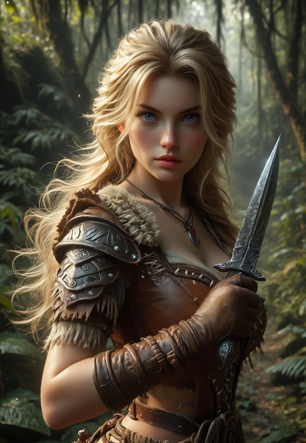 score_7_up, rating_safe, adult woman, amazonian warrior, blue eyes, very long blonde hair, long hair, muscular female, curvy, ((full clothed tribal armor)), gloves, battle stance, holding weapon, knife, jungle, night, outdoors, solo, dramatic lighting, fantasy, detailed realistic photo,
Background: A dense, lush jungle at night, with towering trees and thick undergrowth. Moonlight filters through the canopy, casting dappled shadows and highlighting the dense foliage. The air is humid and filled with the sounds of nocturnal creatures. In the distance, the faint glow of bioluminescent plants adds a mystical touch to the scene.
Additional Details: The warrior's tribal armor is intricately designed with natural materials like leather, bones, and feathers, blending seamlessly with the jungle environment. Her gloves are made of tough, flexible material, perfect for gripping her knife. Her battle stance is confident and powerful, ready for any challenge. Her blue eyes gleam with determination, and her very long blonde hair cascades down her back, catching the moonlight. The dramatic lighting emphasizes her muscular and curvy physique, creating a striking and realistic portrait.
(european beauty girl, upper body)
(((((upper body))))), dynamic pose
<lora:Dynamic Poses:1>
<lora:detailed_notrigger:1>