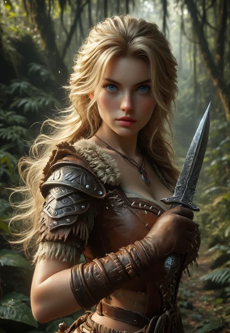 score_7_up, rating_safe, adult woman, amazonian warrior, blue eyes, very long blonde hair, long hair, muscular female, curvy, ((full clothed tribal armor)), gloves, battle stance, holding weapon, knife, jungle, night, outdoors, solo, dramatic lighting, fantasy, detailed realistic photo,
Background: A dense, lush jungle at night, with towering trees and thick undergrowth. Moonlight filters through the canopy, casting dappled shadows and highlighting the dense foliage. The air is humid and filled with the sounds of nocturnal creatures. In the distance, the faint glow of bioluminescent plants adds a mystical touch to the scene.
Additional Details: The warrior's tribal armor is intricately designed with natural materials like leather, bones, and feathers, blending seamlessly with the jungle environment. Her gloves are made of tough, flexible material, perfect for gripping her knife. Her battle stance is confident and powerful, ready for any challenge. Her blue eyes gleam with determination, and her very long blonde hair cascades down her back, catching the moonlight. The dramatic lighting emphasizes her muscular and curvy physique, creating a striking and realistic portrait.
(european beauty girl, upper body)
(((((upper body))))), dynamic pose
<lora:Dynamic Poses:1>
<lora:detailed_notrigger:1>