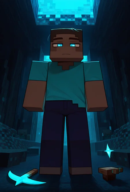 <lora:stevemc-08:1> stevemc, 1boy, male focus, cyan shirt, brown hair, dark-skinned male, dark blue pants, square, square body, square arms,, Minecraft cave, diamond pickaxe, blue light, dark, square pupils, masterpiece, best quality, amazing quality, very aesthetic, absurdres, newest,