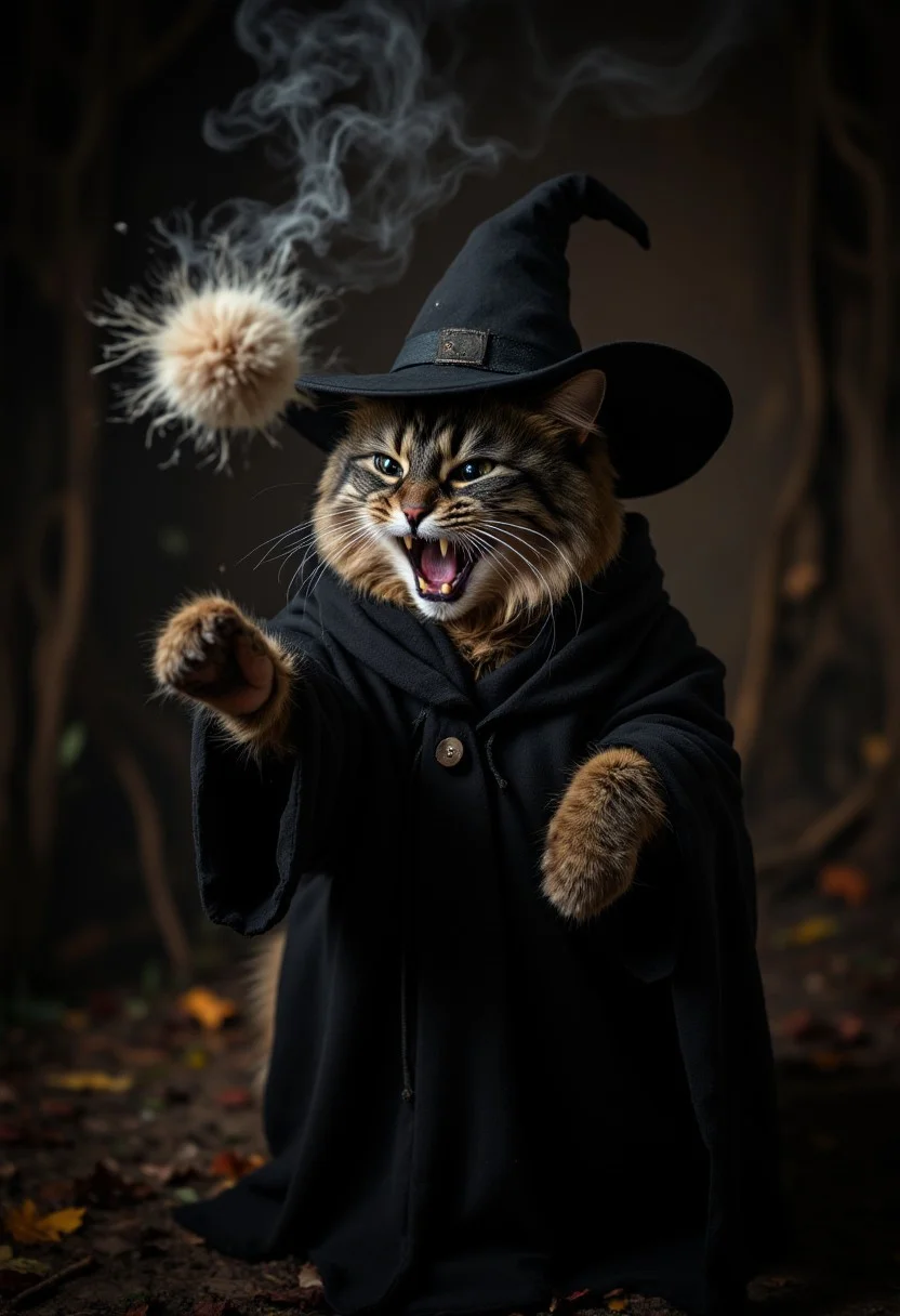Evil, fluffy, medium-sized cat named Allie with a mottled coat featuring dark brown and black tabby stripes, wearing a black witch hat and robe, looking evil, in a dark cave, casting a magical furball spell