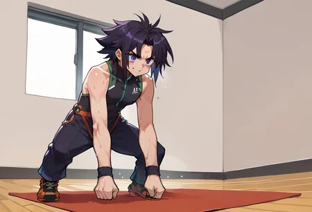 score_9, score_8_up, score_7_up, source_anime, 1girl, planking, exercise, clenched hands, <lora:Planking_XLPD:1>,  sweat, smile, full body,      ,revin,western cowboy,1boy,leotard,spiked_hair,black_hair,purple eyes