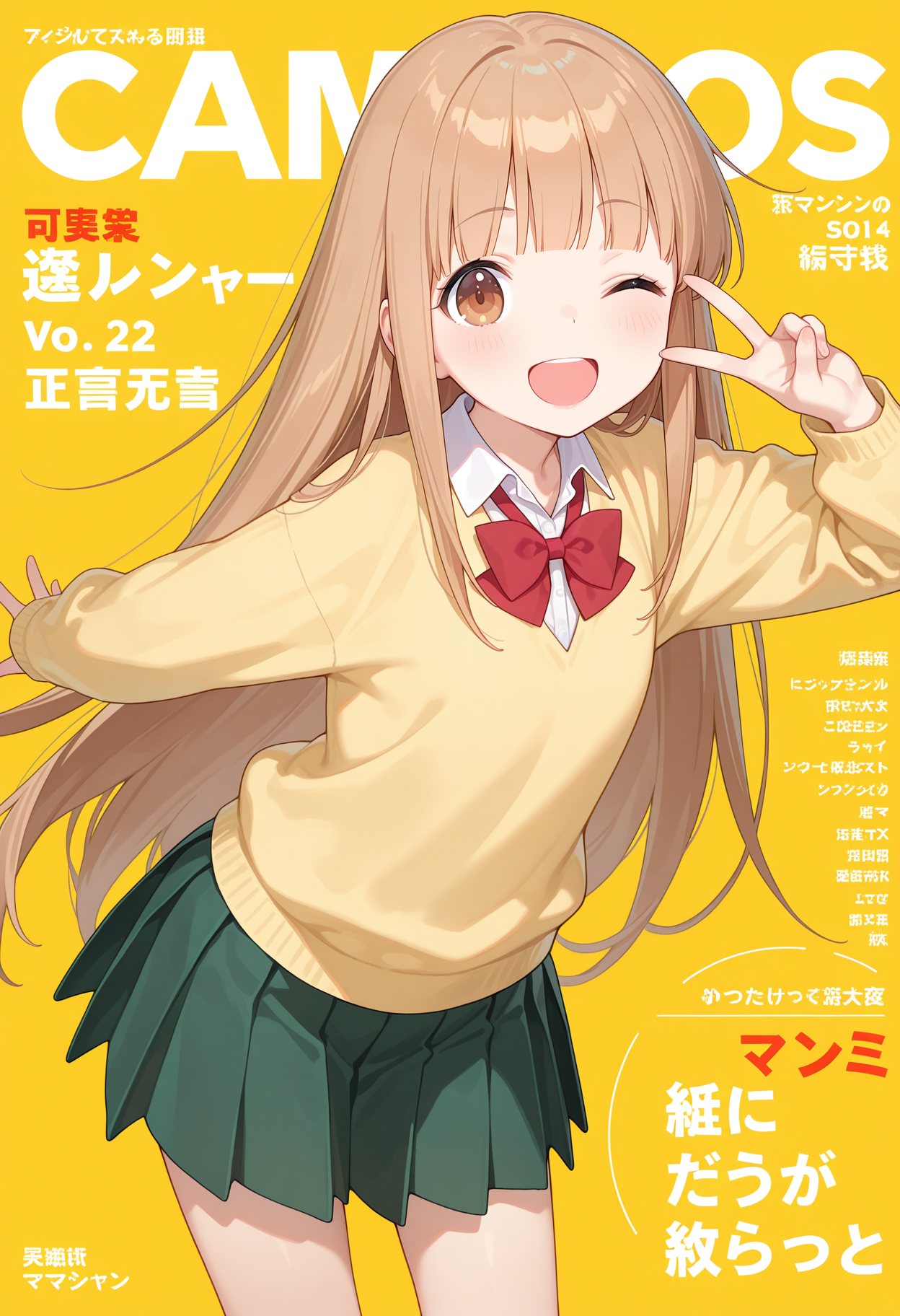 best quality, masterpiece, 1girl, aamiyano, long hair, brown hair, blunt bangs, brown eyes, school uniform, red bowtie, collared shirt, white shirt, yellow sweater, long sleeves, pleated skirt, green skirt, <lora:miyano_(tanakeda)_ilxl_v1:0.9>, solo, v, one eye closed, smile, open mouth, magazine cover,