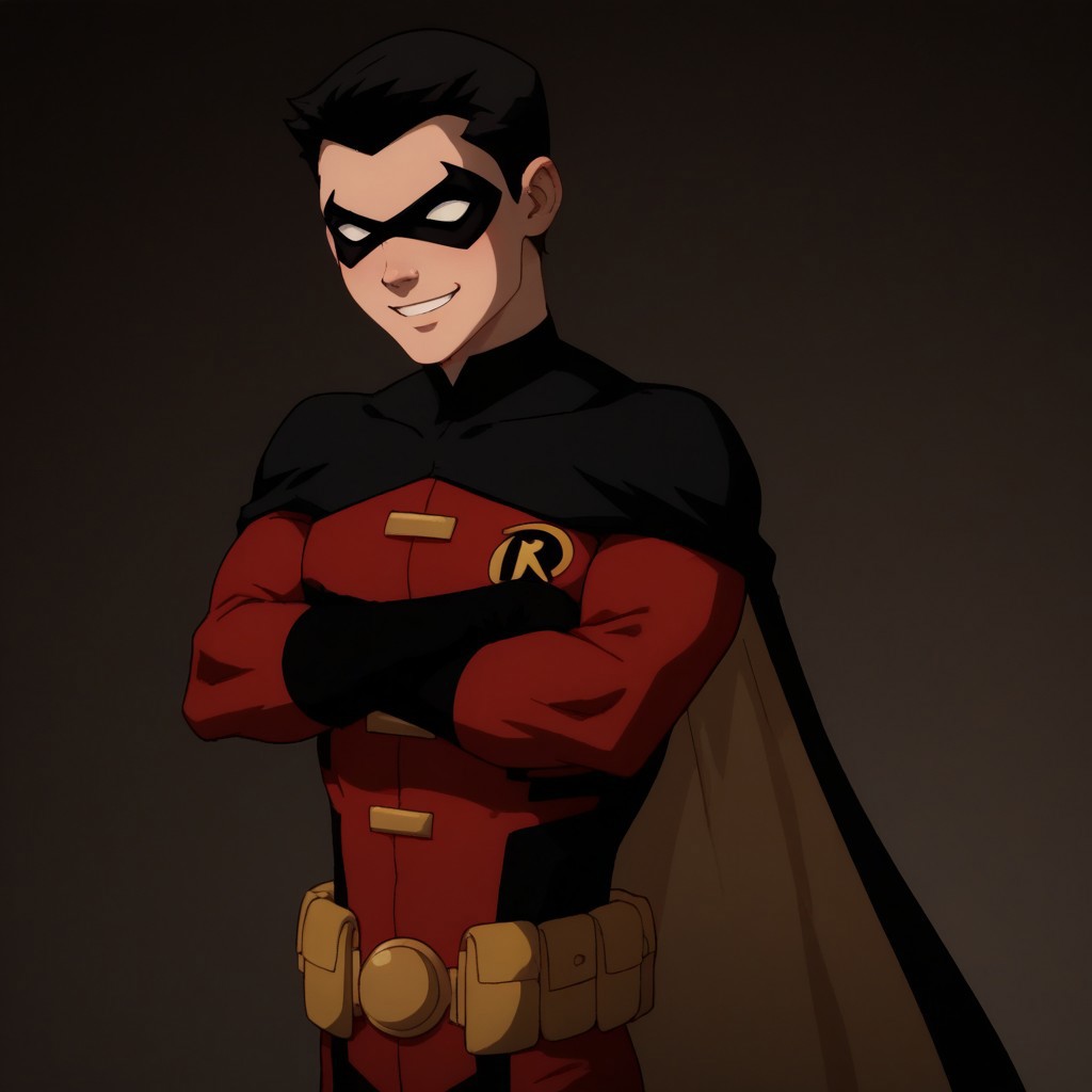 score_9, score_8_up, score_7_up, highly detailed, cute boy, 1boy, solo, timdrakeyj, red outfit, robin symbol, black cape, utility belt, domino mask, black hair, smile, arms crossed, fighting stance,