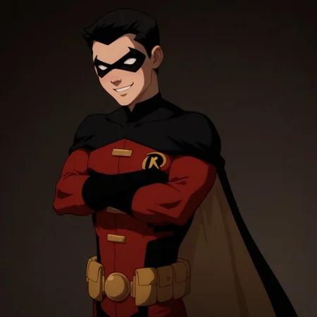 score_9, score_8_up, score_7_up, highly detailed, cute boy, 1boy, solo, timdrakeyj, red outfit, robin symbol, black cape, utility belt, domino mask, black hair, smile, arms crossed, fighting stance,