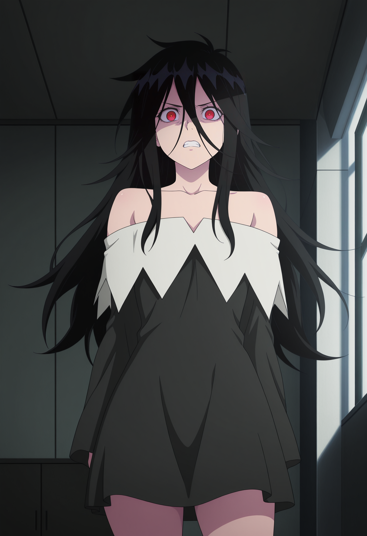 1girl,solo,mm,mature female,long hair,black hair,red eyes,hair between eyes,bangs,anime coloring,
collarbone,off shoulder,bare shoulders,dress,cowboy shot, looking at viewer, light frown, clenched teeth, indoors
,masterpiece,best quality,amazing quality,<lora:Sentouin_XX-Sentai_Daishikkaku:0.8>