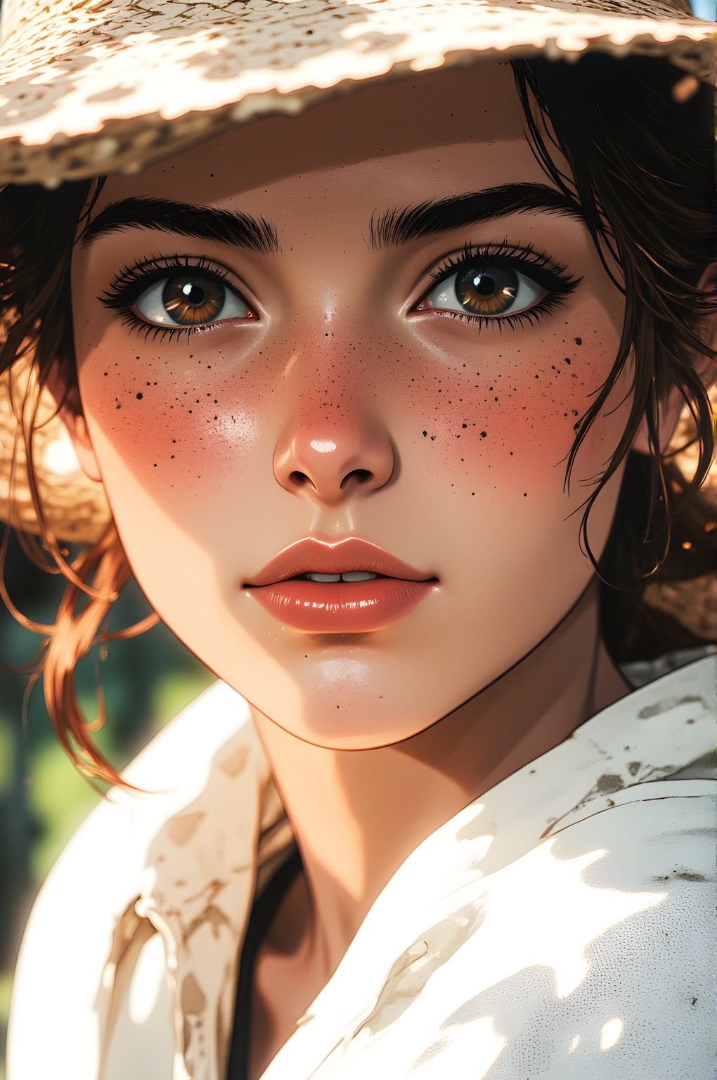 The scene is a close-up portrait that captures an intimate and serene moment. The subject's face is illuminated by soft, natural light that highlights the contours of her features with warmth and clarity. She wears a wide-brimmed hat, its texture suggesting it is made of woven straw or a similar material. The hat casts gentle shadows across her forehead, adding depth to her visage while also framing her face in a rustic, timeless manner.
Her eyes are striking, their deep brown irises gleaming with a quiet intensity. Her gaze is direct and steady, as though she is fully aware of the viewerâs presence yet remains unflinching in her composure. Freckles dot her cheeks and nose, adding a touch of natural charm and character to her appearance. Her skin is smooth but bears the subtle signs of outdoor lifeâperhaps from hours spent under the sun or amidst nature.
Her lips are slightly parted, revealing a hint of vulnerability beneath her composed exterior. The lighting accentuates the texture of her skin, highlighting the fine details like freckles and the delicate lines around her eyes, which suggest both youth and experience. A glimpse of her attireâa light-colored garment that appears to be made of soft, natural fabricâadds to the overall sense of simplicity and authenticity.
The background is softly blurred, drawing all attention to her face. The warm tones of the setting suggest a sunny day, perhaps in a rural or pastoral environment where the air feels fresh and open. The interplay of light and shadow creates a harmonious balance, making the image feel both grounded and ethereal. It is a moment frozen in time, where every detailâfrom the texture of her hat to the subtle nuances of her expressionâinvites the viewer to linger and appreciate the quiet beauty of the scene.
j_art, anime, anime art, <lora:FLUX\jul\J_Anime:0.7>, <lora:FLUX\RealAnime:0.7>