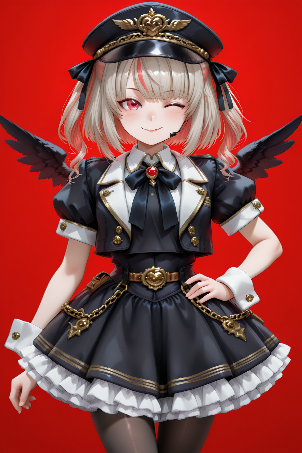 masterpiece, best quality, amazing quality, 1girl, solo, makeup, general, looking at viewer, blush, happy, cowboy shot, v, hand on own hip, tongue, one eye closed, mischief, playful, light smile, standing, dancing, stage, microphone, <lora:kp_MakaiNoRirimuNijisanjiIllustrious_v1_0:0.8>, MakaiNoRirimuNijisanji, grey hair, ahoge, twintails, medium hair, eyelashes, <lora:Midnight_Conductor_Dream_Jacket_Dress:1.1>, Midnight_Conductor_Dream_Jacket_Dress, frilled dress, black dress, gold trim, frills, puffy short sleeves, wings, black wings, belt, belt pouch, hat, black headwear, peaked cap, bow, bowtie, ribbon, jacket, collared shirt, buttons, black pantyhose, wrist cuffs, boots, black footwear, <lora:VTuber_Artstyle:1.1>, vtuber-style, <lora:wai-2Rectified-V140:1>, <lora:illustrious_noobai_epsilon_pred_1_masterpieces_v1:1>