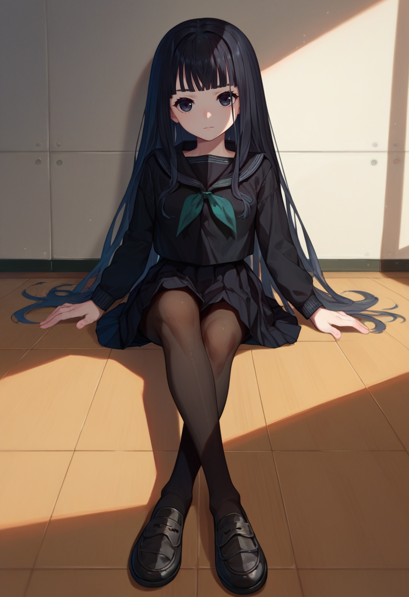 score_9, score_8_up, score_7_up, 1girl, Rinne, long hair, black hair, black eyes,  necktie, black serafuku, black skirt, white stripes, indoors, sitting, on floor, pantyhose, crossed legs, looking at viewer,       <lora:Rinne DoRA5-000006:1>