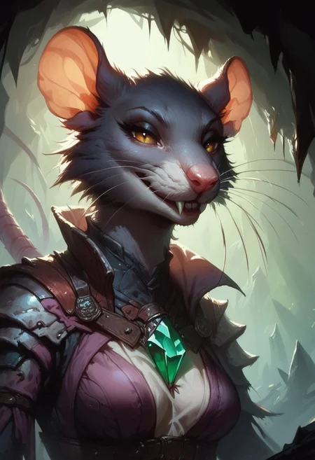 score_9, score_8_up, score_7_up,
Skaven, skaven female, upper body, portrait, close view, smiling, looking at viewer, seductive look,
cave background, green crystals in cave, dim lighting