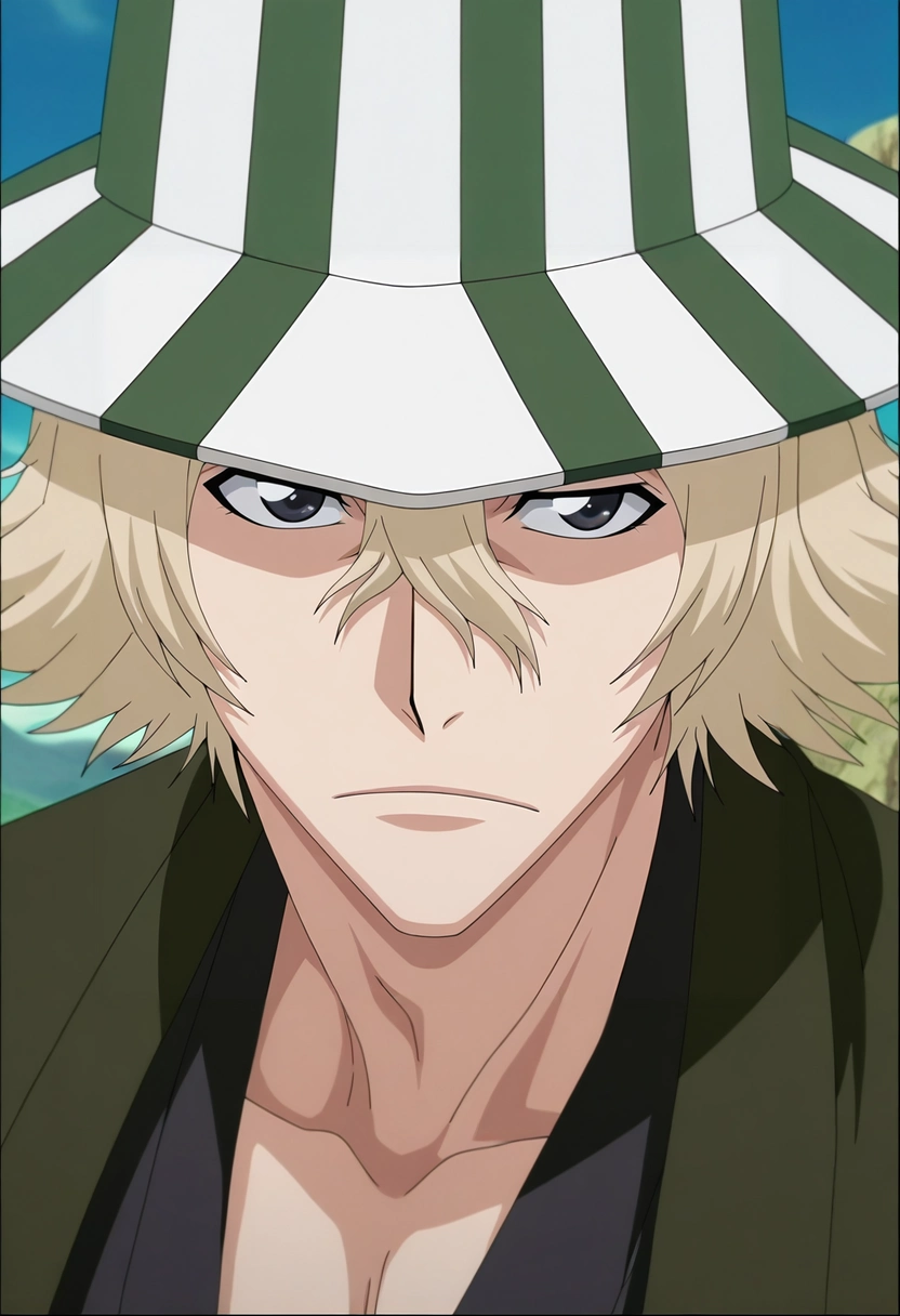 masterpiece, best quality, , anime screencap, anime coloring, , , 1boy, solo, male focus, <lora:kisuke_urahara_ilxl:1>, kisuke_urahara, blonde hair, black eyes, short hair, hair between eyes, , hat, ,