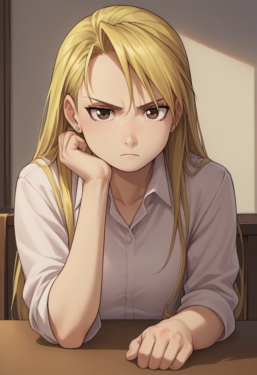 score_9, score_8_up, source_anime, highly detailed, 
riza, 1girl, blonde hair, earrings, jewelry, solo, brown eyes,  long hair, stud earrings, frown, shirt, collared shirt, upper body,
indoor, table, head rest,
