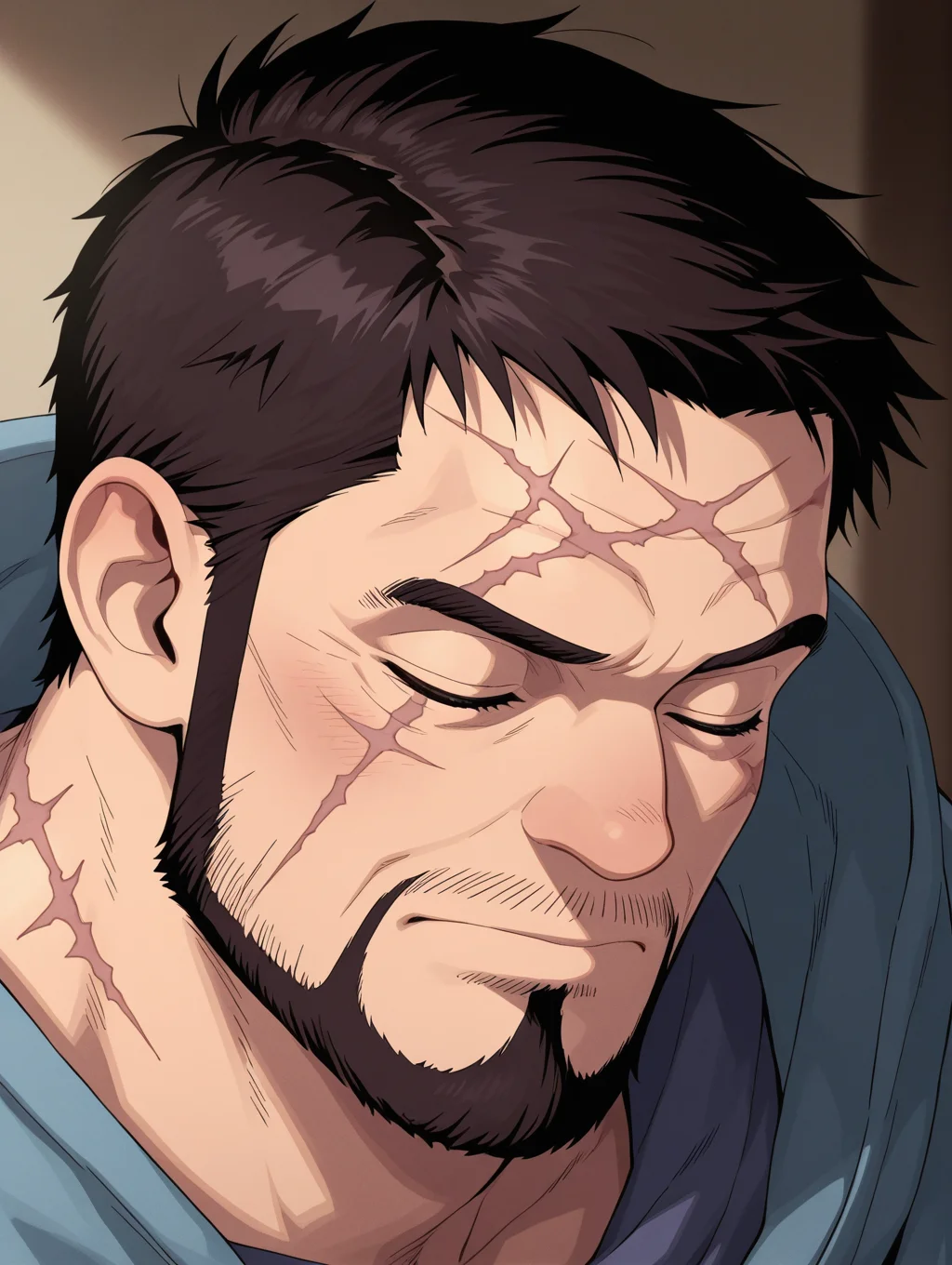 Issho masterpiece, best quality, amazing quality, 1 boy, male focus, solo, Issho, facial hair, short hair, beard, closed eyes, Scars on the face