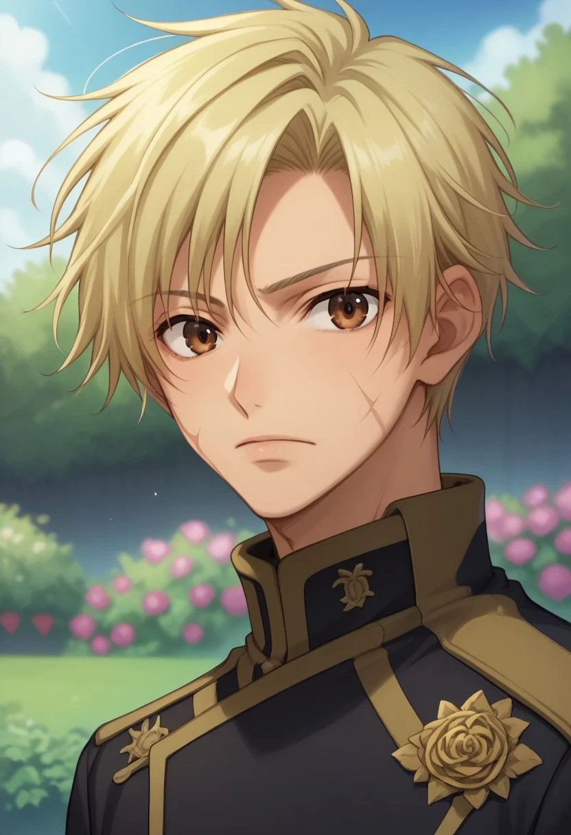 score_9, score_8_up, score_7_up, source_anime, highly detailed,
mikage, 1boy, blonde hair, short hair, male focus, brown eyes, scar, scar on face, uniform, solo, military, military uniform, black uniform, upper body, looking at viewer,
outdoor, garden, sky,