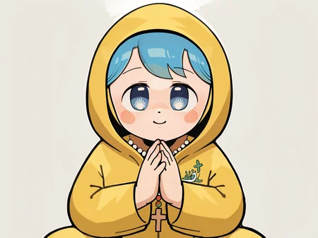 score_9, score_8_up, score_7_up, score_6_up, score_5_up, 
Luce, symbol-shaped_pupils, (solo), umbrella,  raincoat, 1girl,  large_breasts, 
Luce, 1girl, solo, closed_eyes, simple_background, white_background, sitting, blue_hair, own_hands_together, blush_stickers, hood, raincoat, short_hair, smile, praying, full_body, yellow_raincoat, bangs, hood_up, closed_mouth, long_sleeves, boots, coat, hands_up, jacket
 <lora:Luce_Vatican:1> <lora:Little_Nuns:1>