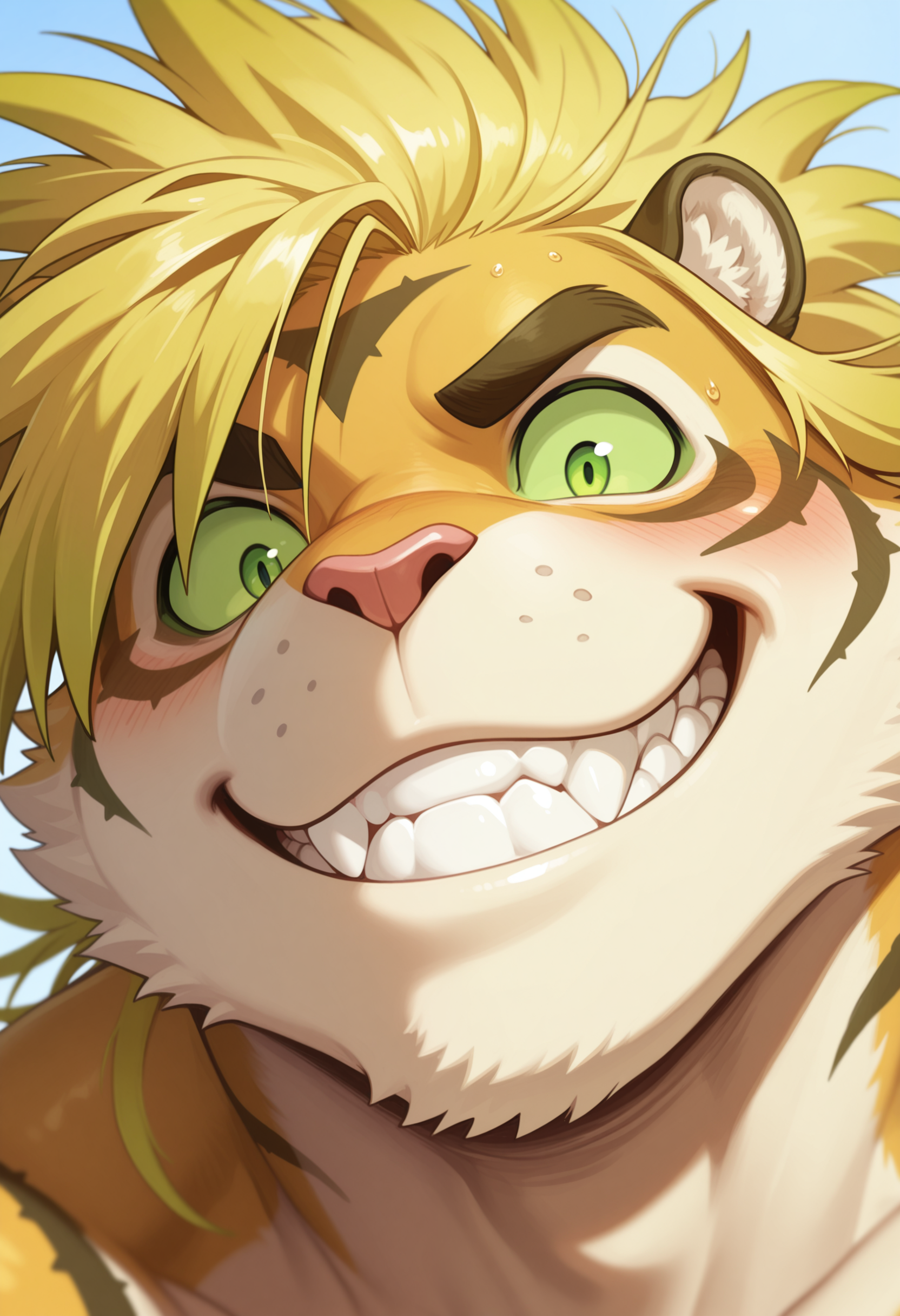 masterpiece, best quality, amazing quality, 1boy, solo, MacanTas, green sclera, close-up, smile