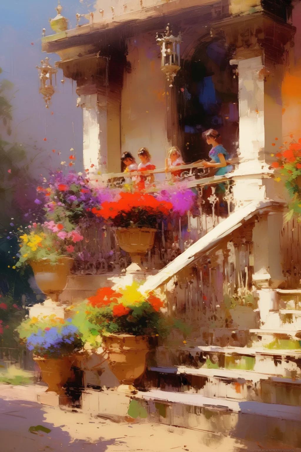 <lora:Konstantin Korovin Style:1>Konstantin Korovin Style - Summer luxury garden with flowerpots, balustrade, colorful flowers by Jose Miguel Roman Frances, Intricate, very detailed, colourful, by Pino Daeni, oil on canvas 4K 3D matte background Epic hyperdetailed intricately detailed cinematic lighting splash stunning, acrylic painting, trending on pixiv fanbox, palette knife and brush strokes, style of makoto shinkai jamie wyeth james gilleard edward hopper greg rutkowski studio ghibli genshin impact, epic royal background, big royal uncropped crown, royal jewelry, robotic, nature, full shot, symmetrical, Greg Rutkowski, Charlie Bowater, Beeple, Unreal 5, hyperrealistic, dynamic lighting, fantasy art