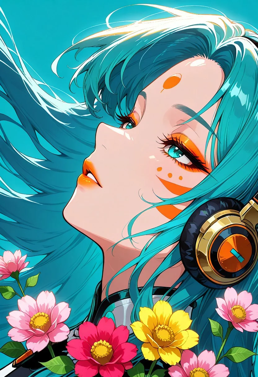 dextro, made of marbles, 1girl, headphones, profile, d up, marbles, hair marbles, yellow flower, pink flower, red flower, facial mark, looking ahead, orange eyeshadow, orange lips, long hair, blue hair, portrait, aqua hair, blue eyes, parted lips, aqua eyes, multicolored hair, expressionless, eyeshadow, floating hair, forehead mark, half-closed eyes, long bangs, makeup, hair ornament, flower, leaf, plant, solo, aqua background, simple background, blue background, from side, close-up, sideways, masterpiece, best quality, very aesthetic, absurdres