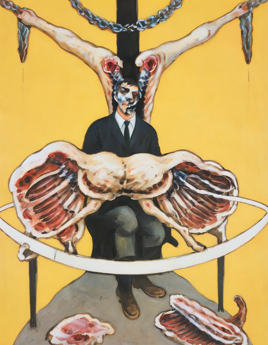 <lora:fbac:0.7>fbac, man with distorted face under umbrella, table with cuts of meat on it, yellow wall, carcass of animal above him split down the middle to form a shape of the cross