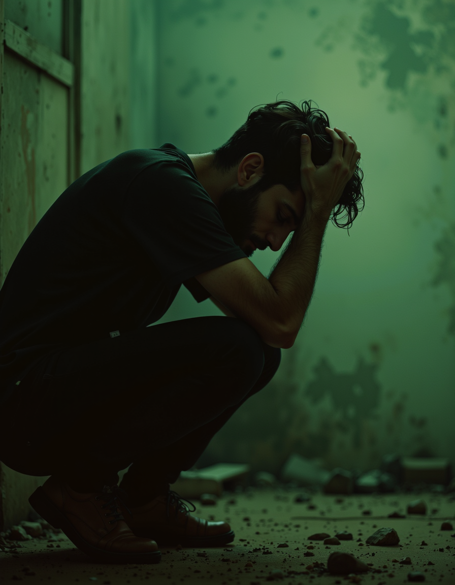 A cinematic photography.
A dark orange and distressed mind, overflowing with sorrow and anguish, yet clinging to the remnants of hope amidst the desolation. The scene is a haunting representation of emotions, evoking a sense of green melancholy and introspection that invites the viewer to contemplate the mental health of the person who bothers, foreboding colors.