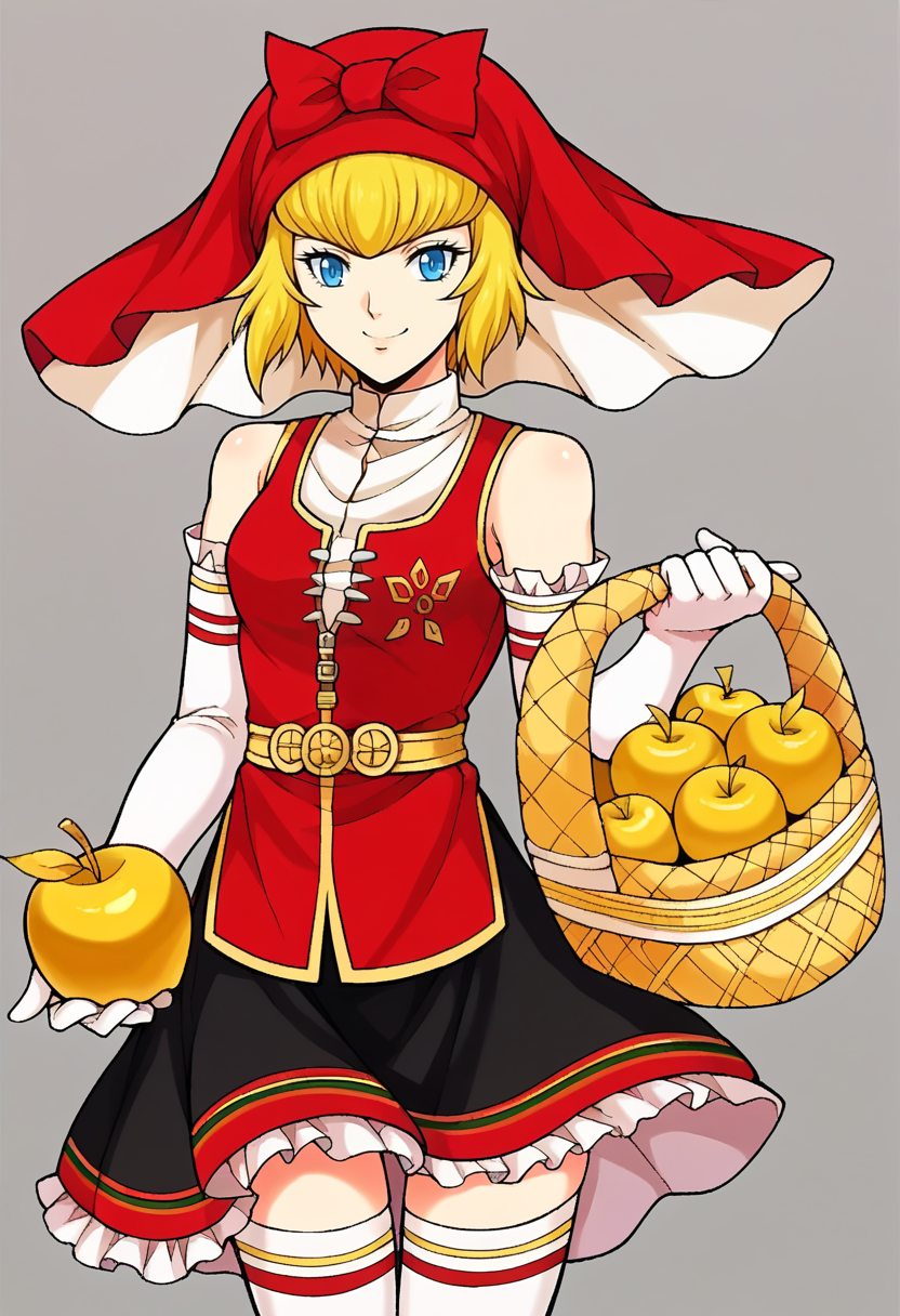 score_9, score_8_up, score_7_up, source_anime BREAK  <lora:zs_FE9PortraitsXL:1>, fe9portraits, solo, cowboy shot, simple background, 1girl, female focus, <lora:Idun-pdxl-DoRA_Fp:1>, idunnsmt, short hair, blonde hair, blue eyes, veil, red bow, red dress, vest, frilled skirt, white gloves, elbow gloves, white thighhighs, smile, bare shoulders, miniskirt, black skirt, smile, golden apple, basket,