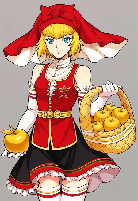 score_9, score_8_up, score_7_up, source_anime BREAK  <lora:zs_FE9PortraitsXL:1>, fe9portraits, solo, cowboy shot, simple background, 1girl, female focus, <lora:Idun-pdxl-DoRA_Fp:1>, idunnsmt, short hair, blonde hair, blue eyes, veil, red bow, red dress, vest, frilled skirt, white gloves, elbow gloves, white thighhighs, smile, bare shoulders, miniskirt, black skirt, smile, golden apple, basket,