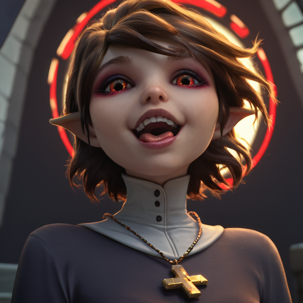 masterpiece, detailed quality, 1girl, black background, score_9, source_anime, score_8_up, score_7_up,
Double,glowing red eyes,red sclera,
skin tight,standing,open mouth,from below, loving smile, <lora:Expressive_H:1> expressiveh
tongue out,
,cross necklace,long sleeves,nun,
church,red lighting,dim lighting,
<lora:Double:0.9>, zPDXL3,  <lora:Eyes_High_Definition:0.25> eyeshd <lora:Marianne:1> marianne, brown hair, brown eyes, fairy, pixie, short hair, pointy ears, eyeliner,