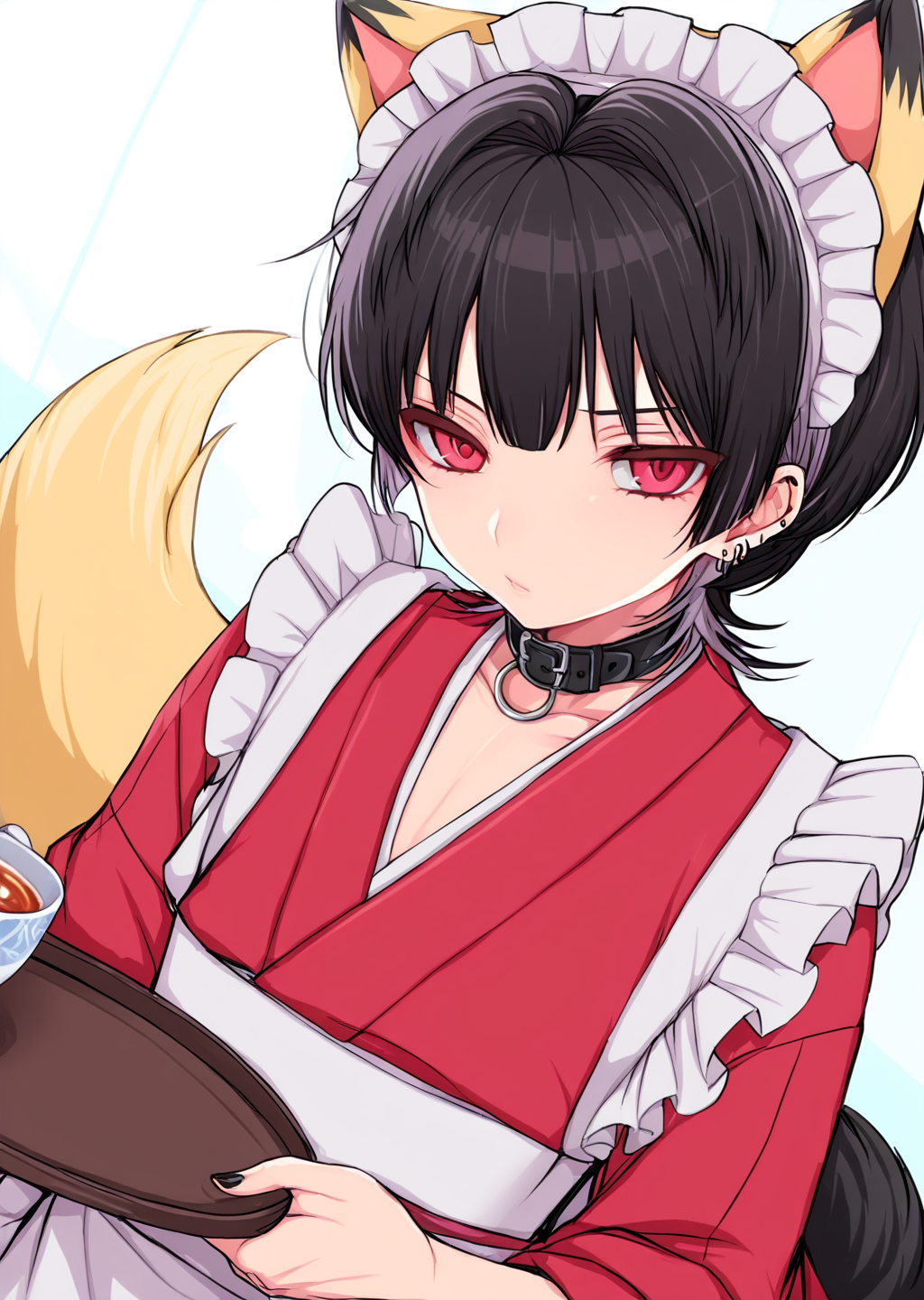 <lora:ShimizuAkina250208:1>,ShimizuAkina,OcBoy,1boy,male focus,animal ears,tail,black hair,red eyes,maid headdress,solo,maid,cup,apron,otoko no ko,collar,ear piercing,earrings,looking at viewer,japanese clothes,holding,tray,crossdressing,jewelry,piercing,teacup,<lora:NOOB_vp1_detailer_by_volnovik_v1:1>,<lora:noobai_ep11_stabilizer_v0.138_fp16:1>,