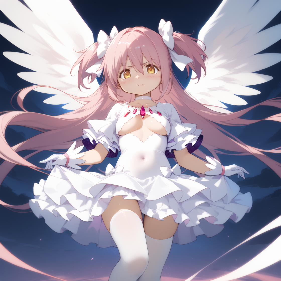 (score_9,score_8_up,score_7_up) BREAK uncensored BREAK 1girl,(medium breasts:1.2),
disgust,scowl,closed mouth,tears,
BREAK
BREAK
BREAK
BREAK
BREAK
BREAK
BREAK
BREAK <lora:Madoka-Madoka_Kaname-PDXL:1>,<lora:madoka_god:lbw=js>,(ultimate madoka,kaname madoka,long hair,pink hair,very long hair,bangs,hair between eyes,two side up,white bow,yellow eyes),(choker,white choker,gloves,white gloves,underboob,underwear,clothing cutout,cleavage cutout,covered navel,wide sleeves,frills,dress,white dress,frilled dress),(thighhighs,white thighhighs),angel wings,flying,