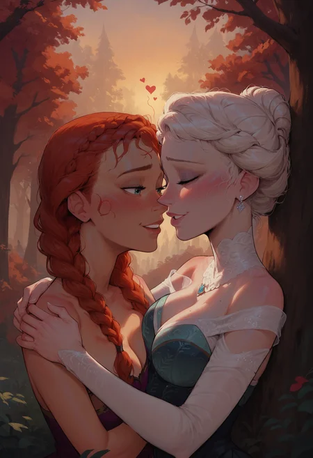score_9, score_8_up, score_7_up,  2girls, 20 years old, cute, Elsa (platinum blonde, single braid) and Anna ((redhead, twin braids)), Disney, (yuri:0.7),
flirty, happy, expressive, blush, cuddling, nature, trees, autumn,
floating hearts , sunset, golden hour,
<lora:Concept Art Twilight Style SDXL_LoRA_Pony Diffusion V6 XL:0.8>
<lora:incase_v14:0.8>
<lora:princess_xl_v2:0.5>
<lora:sinfully_stylish_SDKL:0.7>
