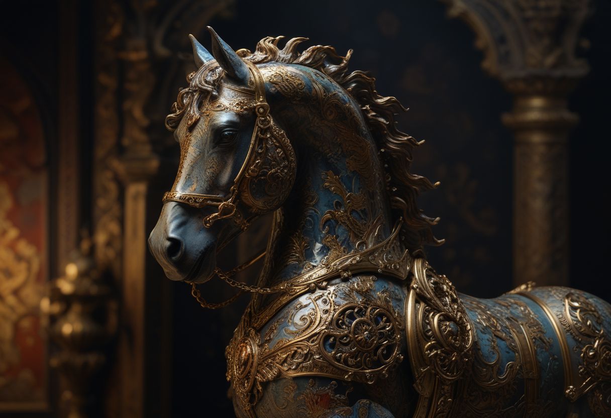 (Crafted Ceramic of a horse), gold filigree, cybernetic enhancements, machinery, rusty steel armor, triadic colors, stunning background. dark and moody, a mesmerizing blend of light and shadow. masterpiece, absurdres, intricate details <lora:TQCeramicStyle:0.9> Rembrandt lightning