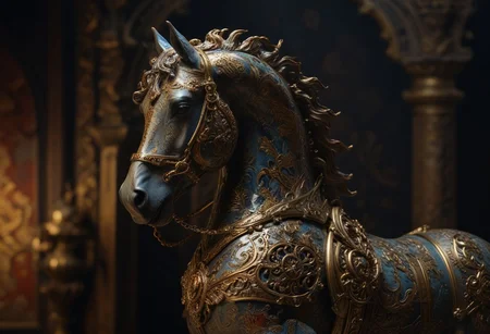 (Crafted Ceramic of a horse), gold filigree, cybernetic enhancements, machinery, rusty steel armor, triadic colors, stunning background. dark and moody, a mesmerizing blend of light and shadow. masterpiece, absurdres, intricate details <lora:TQCeramicStyle:0.9> Rembrandt lightning