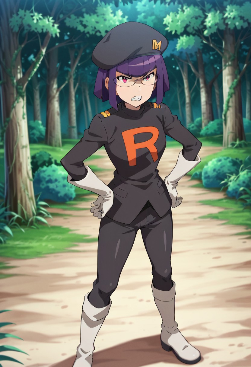 score_9,score_8_up,score_7_up,score_6_up, easynegative, negative_hand,
pkmnmatori, 1girl, purple eyes, glasses, purple hair, short hair, blunt bangs
matoritr, team rocket, hat, black headwear, black jacket, white gloves,  black pants, white boots
standing, hands on hip, forest, angry, teeth, looking at viewer