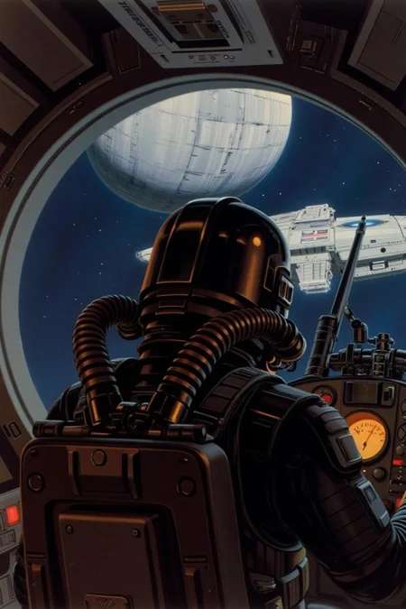 ralphmcq1 painting. A scene from Star Wars universe. The central figure is Imperial TIE Fighter Pilot, viewed from behind, inside the cockpit. He is wearing a black, sleek helmet and a bulky, spacesuit adorned with various mechanical parts and a prominent, coiled air hose. From the canopy the Death Star and the Millennium Falcon, a Rebel Alliance spaceship, is visible. <lora:ralphmcq_cap_d6a3:1.0><lora:830324252134684210:0>