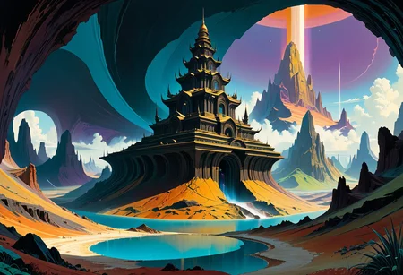 a fantasy temple sits on top of a (cross section of surreal geological biome chart with concentric layers of colourful strata forming a surreal tiered geological formation whith an colourful strata:1.1), underground tunnel network, swirling clouds, pools of water, on dark paper, by peter mohrbacher, tarmo juhola, ivan laliashvili, james gurney, moebius, roger dean vibrant, beautiful, translucent, intricate, detailed many details, extreme detailed, full of details, Wide range of colors., Dramatic, Dynamic, Cinematic, Sharp details Insane quality. Insane resolution. Insane details. Masterpiece. 32k resolution.