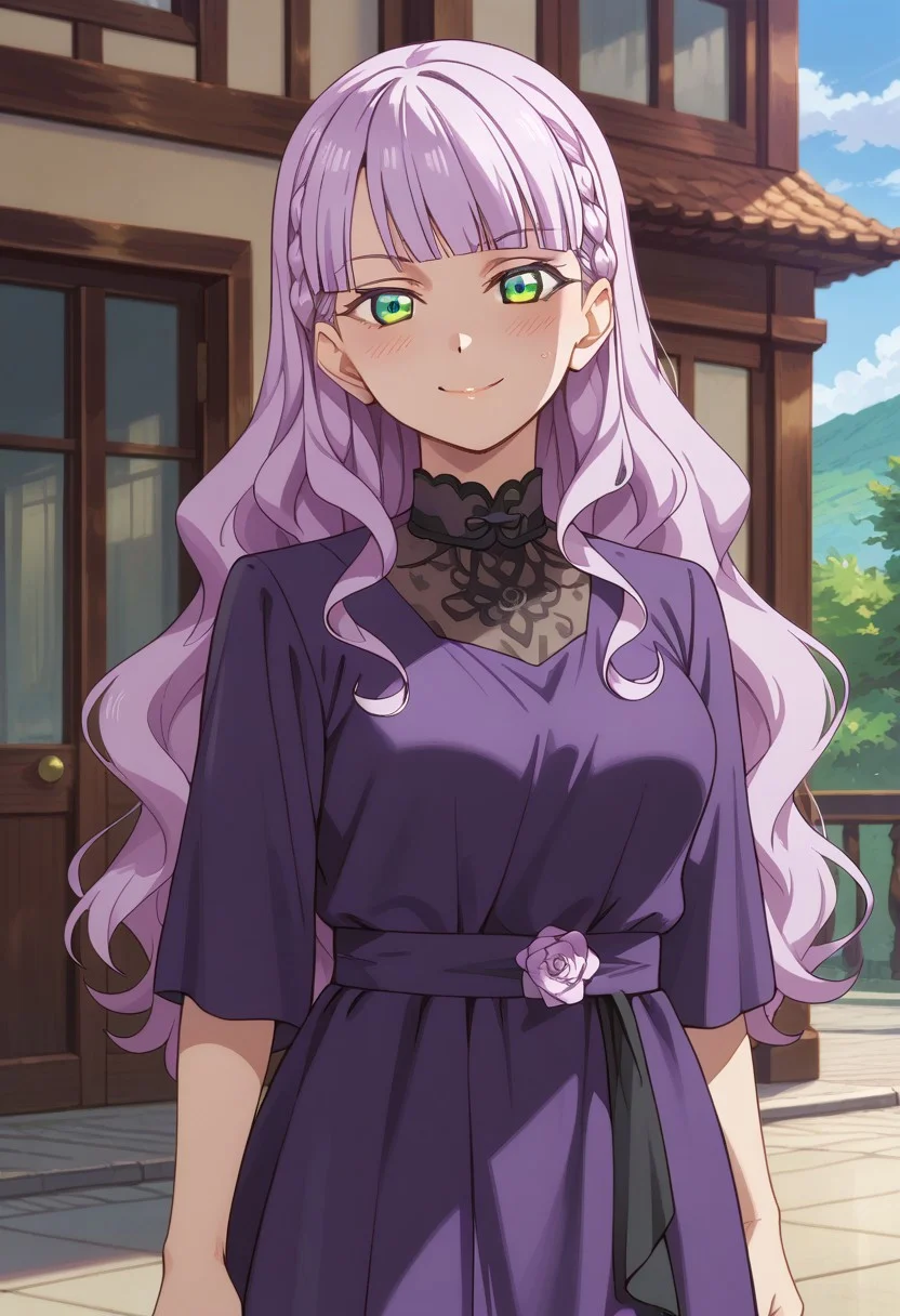 score_9, score_8_up, score_7_up, score_6_up, uncensored, BREAK, best quality, masterpiece, uncensored, detailed background, indoors, outdoors, wien, light purple hair, long hair, green eyes, wavy hair, blunt bangs, braid, medium breasts, elegant long purple dress, blush, gentle smile, close up