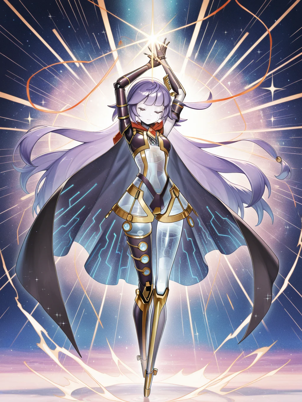 facial mark, galatea the orcust automaton i, 1girl, solo, arms up, full body, sparkle, standing, light rays, multicolored background, closed mouth, gold hair ornament, blue see-through body, mechanical elbow gloves, black cape, doll joints, mechanical dress, humanoid robot, red see-through ribbon, crotch plate, mechanical foot,
masterpiece,best quality,amazing quality,very aesthetic,absurdres,newest,<lora:Galatea, the Orcust Automaton i illuXL v1.2:0.75>,