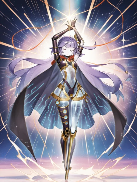 facial mark, galatea the orcust automaton i, 1girl, solo, arms up, full body, sparkle, standing, light rays, multicolored background, closed mouth, gold hair ornament, blue see-through body, mechanical elbow gloves, black cape, doll joints, mechanical dress, humanoid robot, red see-through ribbon, crotch plate, mechanical foot,
masterpiece,best quality,amazing quality,very aesthetic,absurdres,newest,<lora:Galatea, the Orcust Automaton i illuXL v1.2:0.75>,