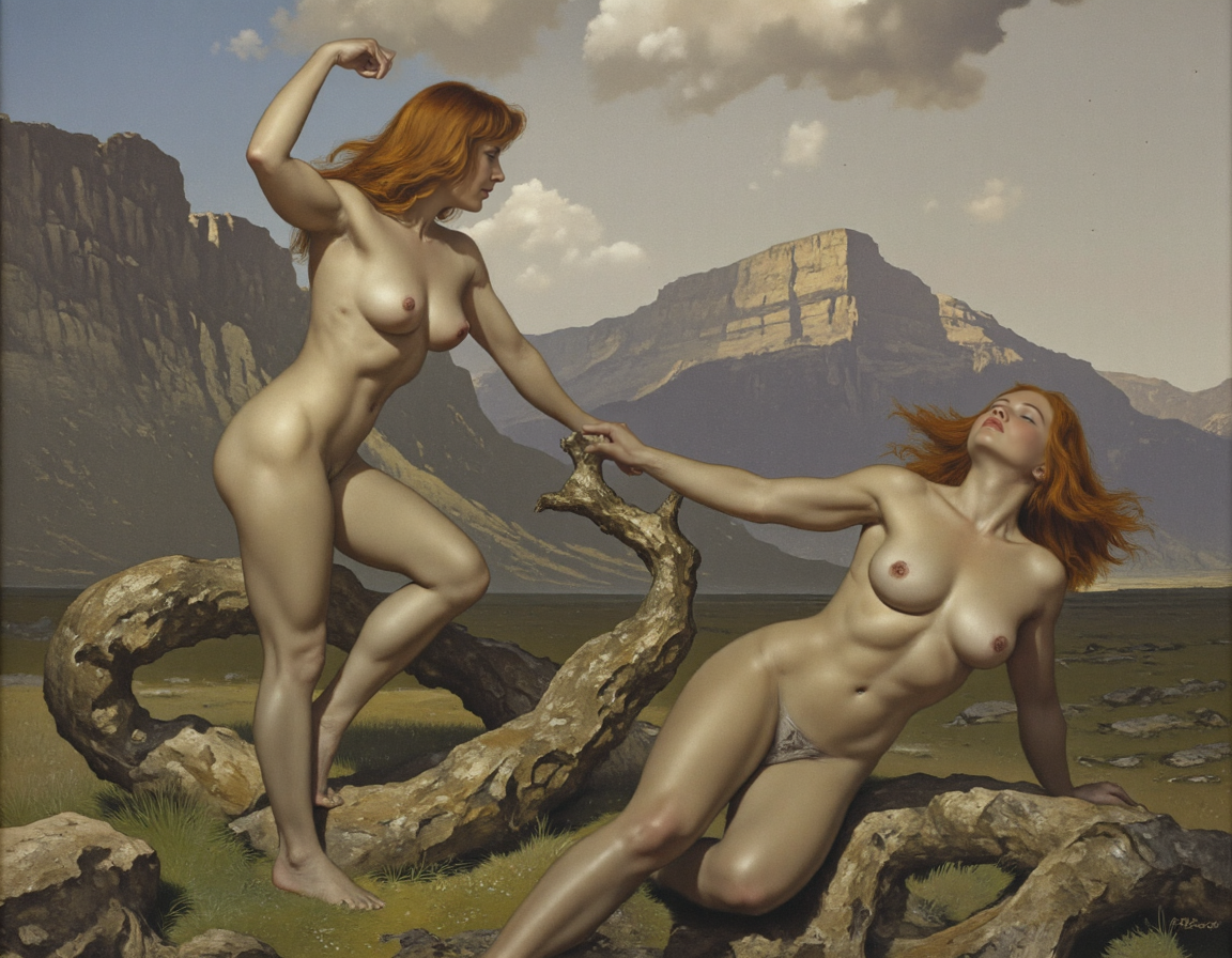<lora:valejo:1>, This is a highly detailed, high-resolution photograph that combines elements of classical art and contemporary photography. The scene features two nude women, one standing and one sitting, positioned against a dramatic, natural backdrop of rugged mountains under a partly cloudy sky. The woman standing has long, flowing red hair and a fair complexion. She is poised elegantly, with one arm raised and the other holding onto a large, twisting piece of driftwood that serves as a prop. Her breasts are small to medium-sized, and her body is slender yet muscular, with visible definition in her abdomen and legs., 
The woman sitting has a similar fair complexion and long, flowing red hair. She is seated on a smaller piece of driftwood, leaning back with her eyes closed and a serene expression on her face. Her breasts are also small to medium-sized, and her body is similarly muscular and athletic. Both women have visible pubic hair and their genitals are exposed. The background features a vast, rocky landscape with patches of green grass and a distant, barren horizon. The lighting is soft yet dramatic, casting subtle shadows that accentuate the contours of their bodies and the textures of the rocks and driftwood. The overall mood is one of naturalistic beauty and raw, unfiltered human form., <lora:Phandigrams:0.5>, <lora:FluxMythR3alisticF:0.5>