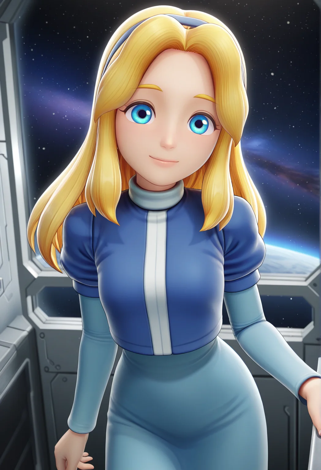 masterpiece, best quality, amazing quality, highres, absurdres, intricate detail, 3d, 1girl, solo, sxsgmaria_robotnik, long hair, blonde hair, blue hairband, blue eyes, smile, looking at viewer, blue dress, puffy sleeves, medium skirt, science fiction, space, metal room, cowboy_shot