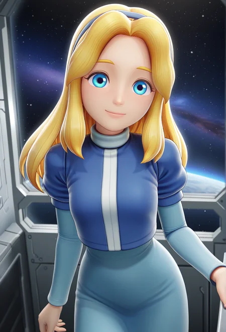 masterpiece, best quality, amazing quality, highres, absurdres, intricate detail, 3d, 1girl, solo, sxsgmaria_robotnik, long hair, blonde hair, blue hairband, blue eyes, smile, looking at viewer, blue dress, puffy sleeves, medium skirt, science fiction, space, metal room, cowboy_shot