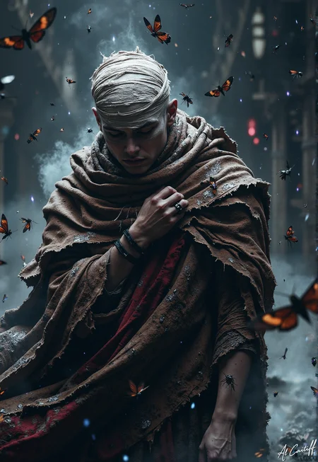 A cinematic high-angle shot, steeped in deep, immersive focus, unveils a solitary figureâpale as moonlight, their head swathed in ragged bandages, a threadbare dark brown cloak hanging heavily from their shoulders like a forgotten vow. They stand rooted in a spectral mist, eyes sealed shut, lips slightly parted as if exhaling a silent lament. Around them, a storm of iridescent cicadasâtheir wings shimmering with an eerie violet glowâswirls in a frenzied dance, some clinging to the frayed wraps like ancient relics, others suspended mid-air, their metallic hum vibrating through the thick, charged atmosphere. The figureâs arms hang limp, their body rigid yet fragile, a statue carved from sorrow and stillness. Above, the sky bleeds a deep, suffocating crimson, streaked with ghostly tendrils of cloud, casting an infernal glow over the scene. The air is heavy with the weight of forgotten whispersâa moment frozen between agony and apotheosis, where the line between requiem and rebirth dissolves., fg<lora:CustomFlux/MysticFantasy.safetensors:0.25000000000000006:0.25000000000000006> <lora:CustomFlux/MysticRealism.safetensors:0.7500000000000001:0.7500000000000001> <lora:Flux/Stylized-Super-Texture.safetensors:0.5000000000000001:0.5000000000000001>
